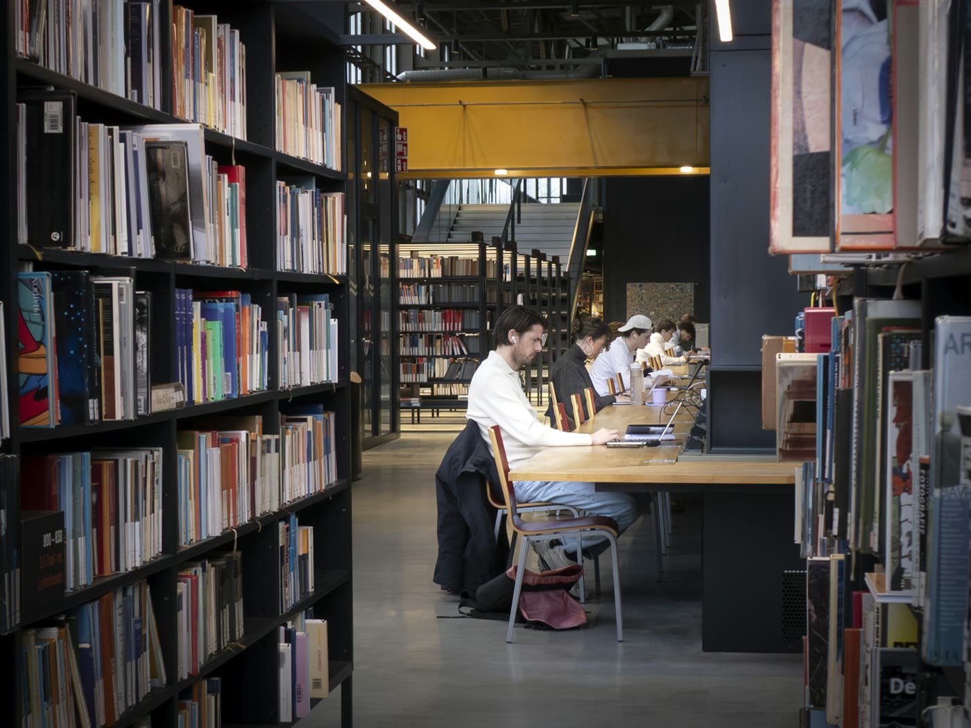 Students studying in a modern library